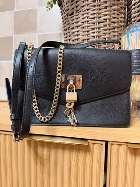 DKNY Black Leather Shoulder Bag with Gold Chain and Logo Charm
